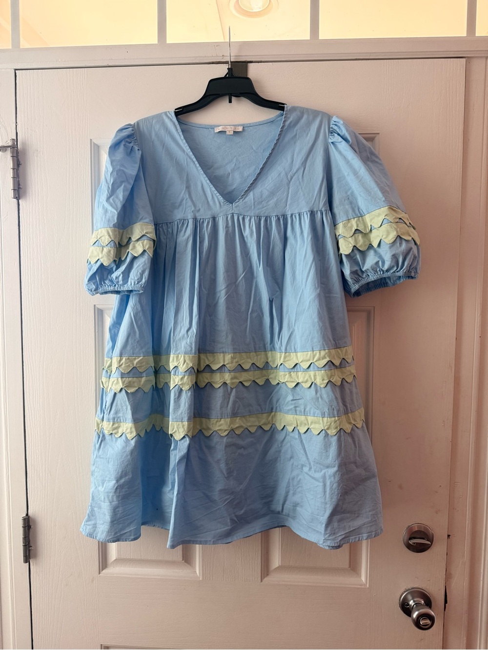 Karlie Light Blue Puff Sleeve Dress with Yellow Trim